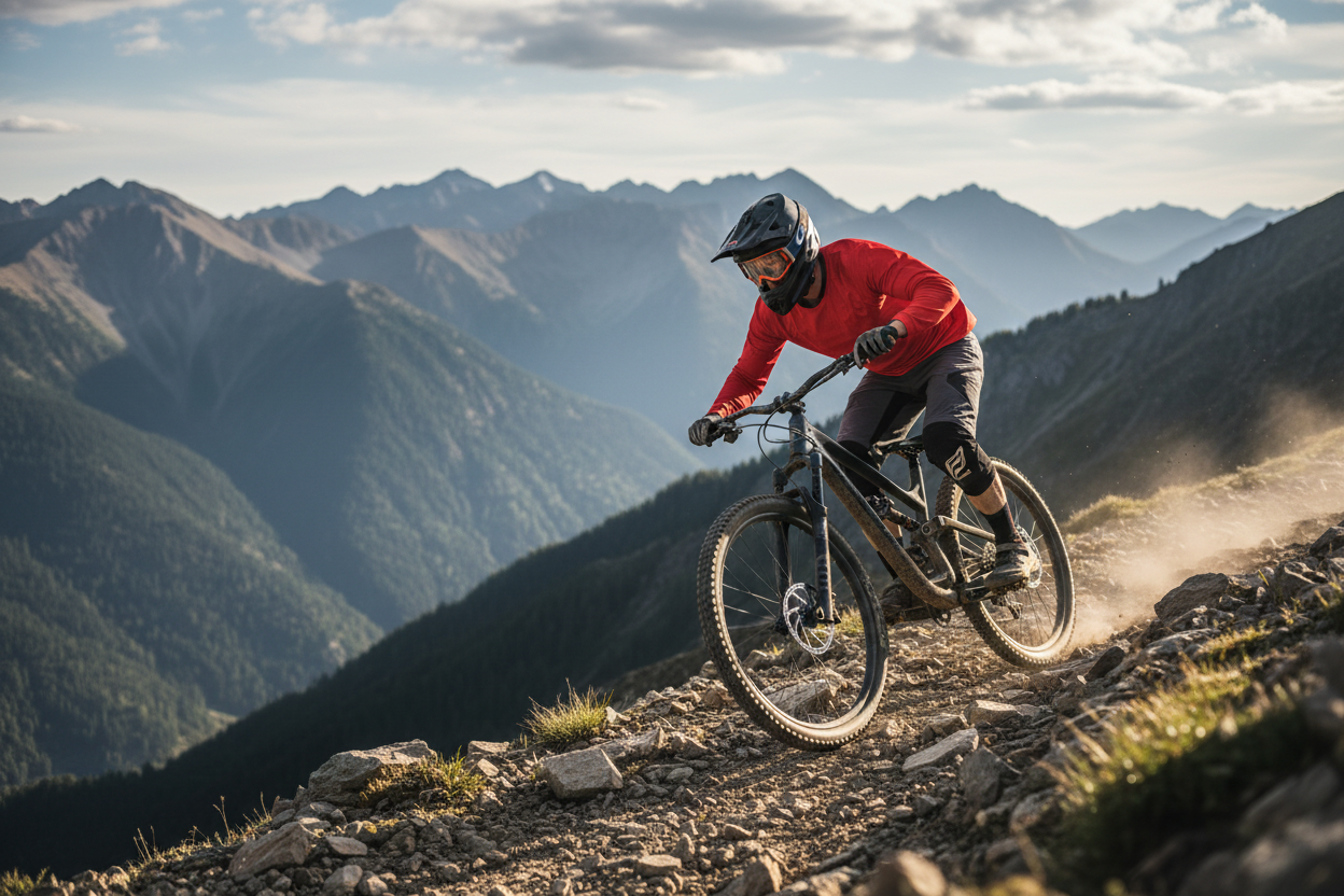 Cyclist descending rocky mountain trail